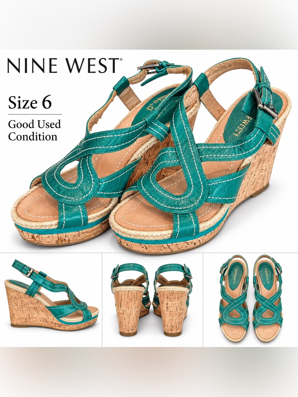Nine West Teal Cork Wedge Sandals